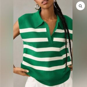 Anthropologie Green and White V-Neck Sweater Large